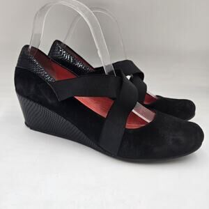 Aquatalia Suede Mary Jane Wedges Womens 8.5 Black Slip-On Comfort Italy